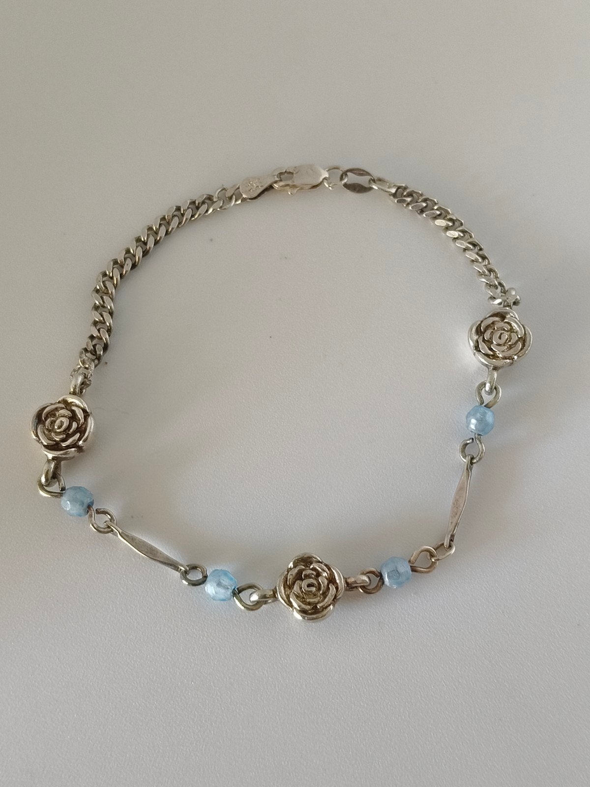 Zilveren 925 Armband met Aquamarijn Kralen en Roosjes, Ophalen of Verzenden, Zilver, Zilver, Met bedels of kralen