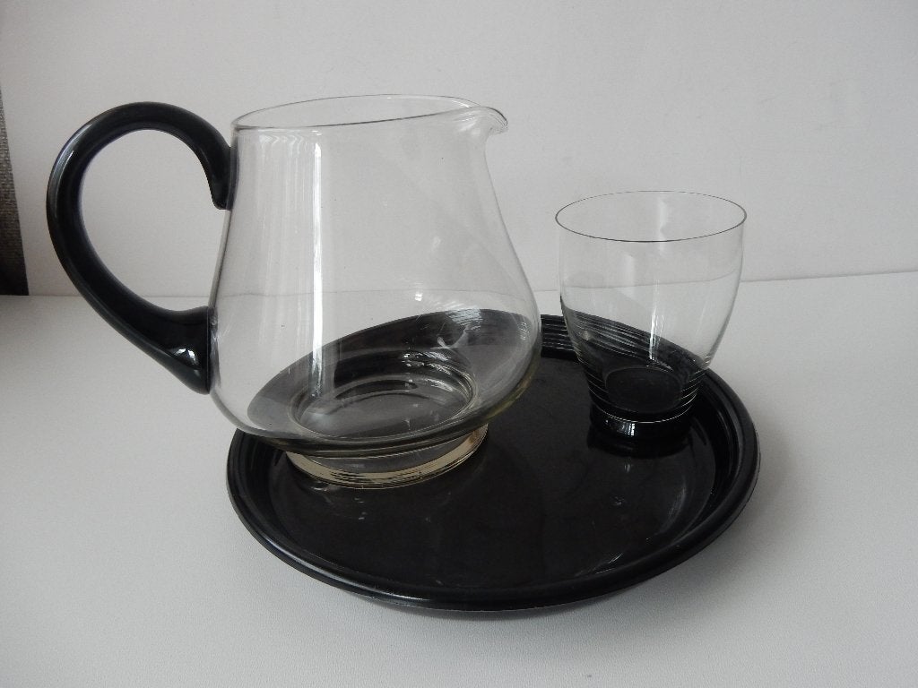 Glazen waterkan met  glas dienblad Leerdam, Antiek en Kunst, Antiek | Glas en Kristal, Ophalen of Verzenden