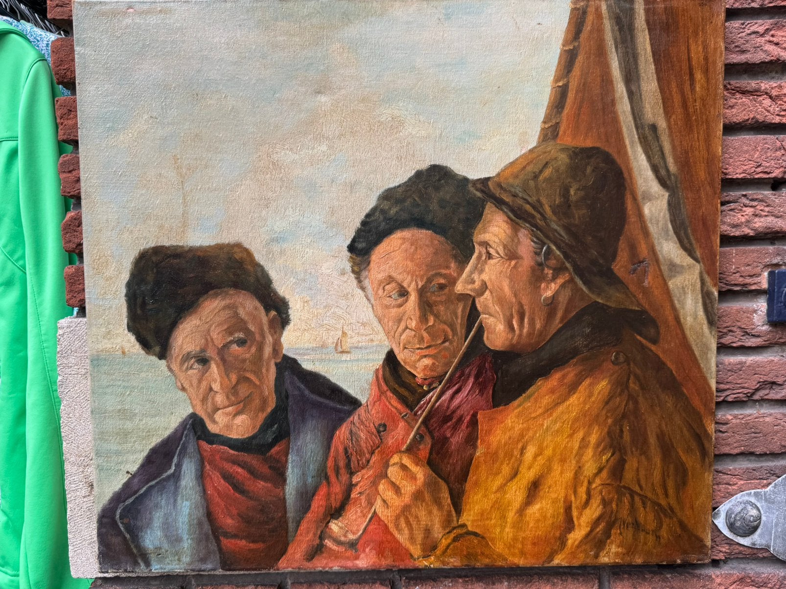 olieverfschilderij op doek drie vissers gesigneerd, Antiek en Kunst, Kunst | Schilderijen | Klassiek, Ophalen