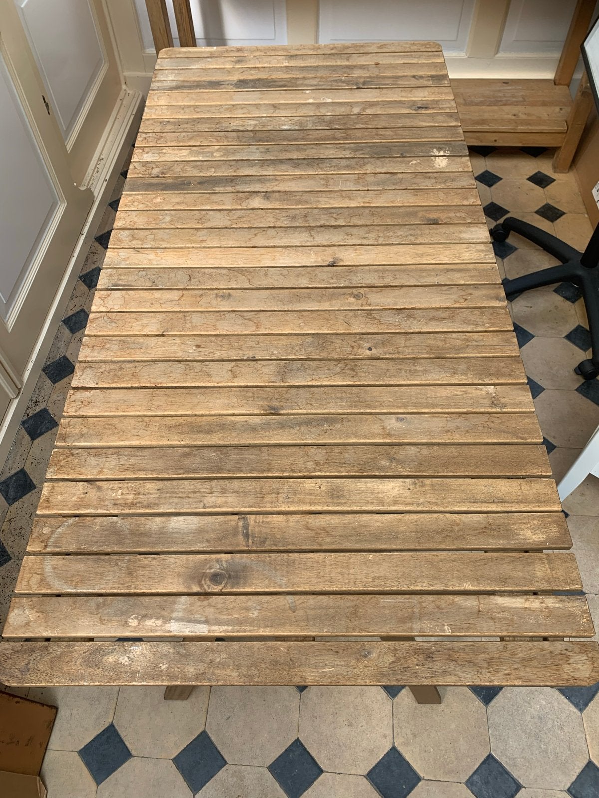 Houten tuintafel - - 154 lang, 73 breed 73 hoog, Gebruikt, 100 tot 150 cm, Rechthoekig, Drie personen