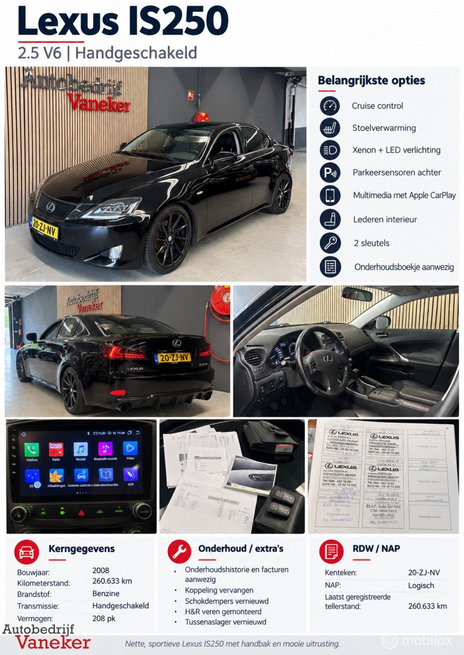 Lexus IS 250 Business|2.5 V6 Handbak|Leder|CarPlay|Xenon|NAP, Auto's, Achterwielaandrijving, Gebruikt, Zwart, Bedrijf