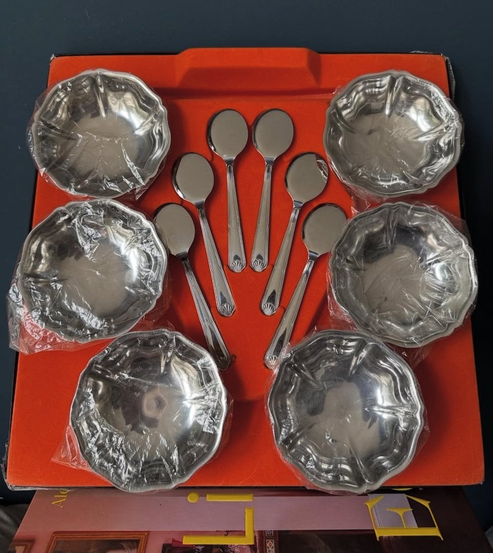 Guy Degrenne vintage set van 6 coupes en lepels, Ophalen of Verzenden, Overige materialen, Overige stijlen