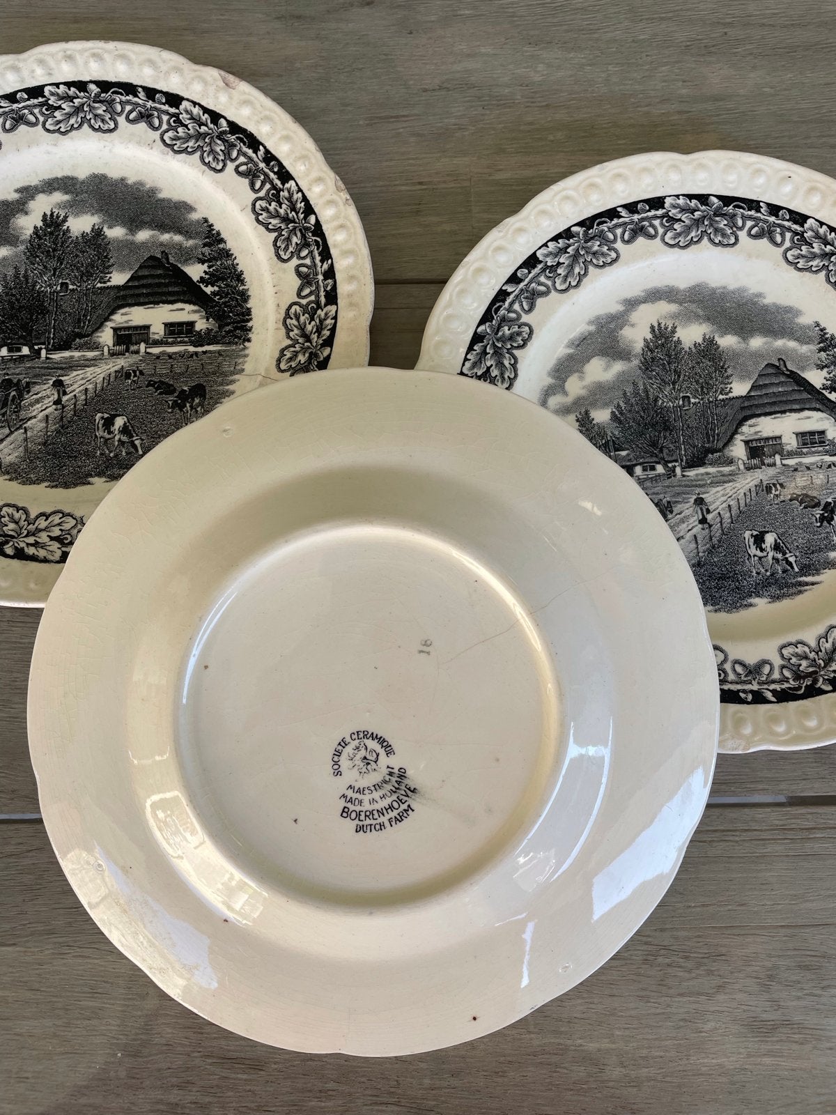 Set van 3 antieke Societe Ceramique Boerenhoeve borden, Ophalen