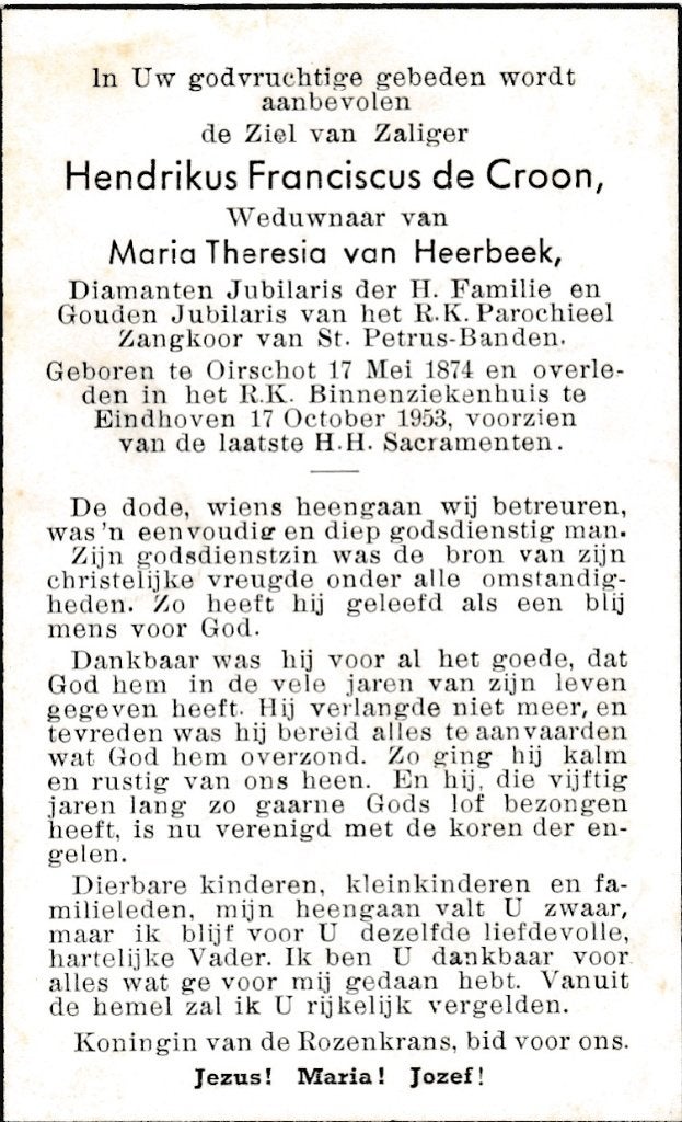Croon Hendrikus 1874 Oirschot 1953 Eindhoven, Ophalen of Verzenden, Bidprentje