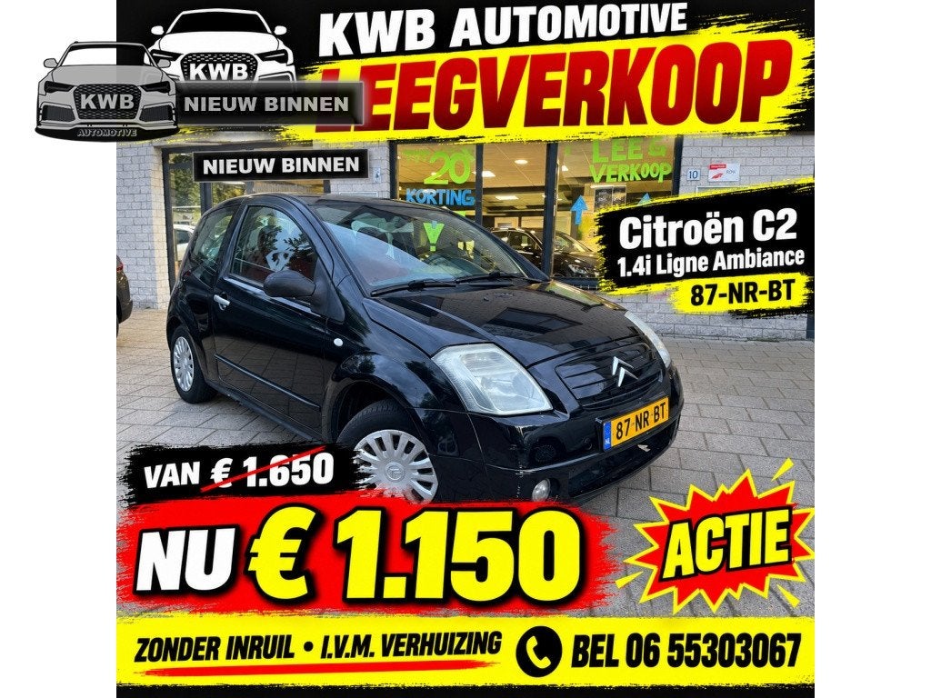 Citroën C2 1.4i Ligne Ambiance Airco Nieuwe apk (bj 2004), Auto's, 450 kg, 4 cilinders, 4 stoelen, Zwart