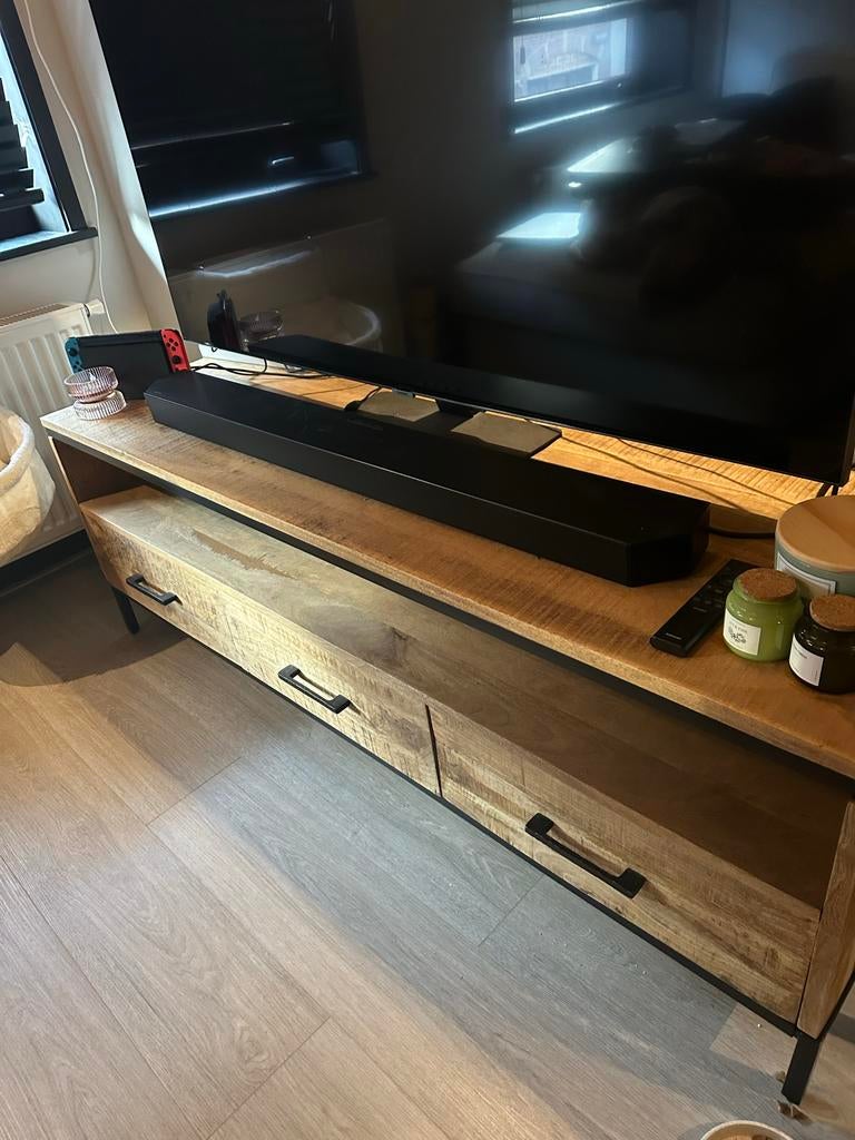 Robuust mangohouten tv-meubel met 3 lades trevor Leen Bakker, Ophalen, 100 tot 150 cm, Zo goed als nieuw, Minder dan 100 cm
