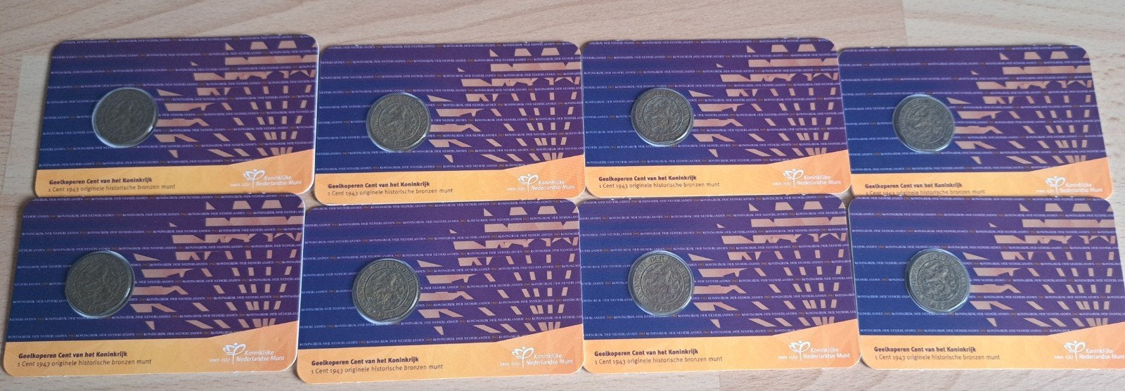 8 X Geel koperen cent 1943, Ophalen of Verzenden, Koningin Wilhelmina, 1 cent
