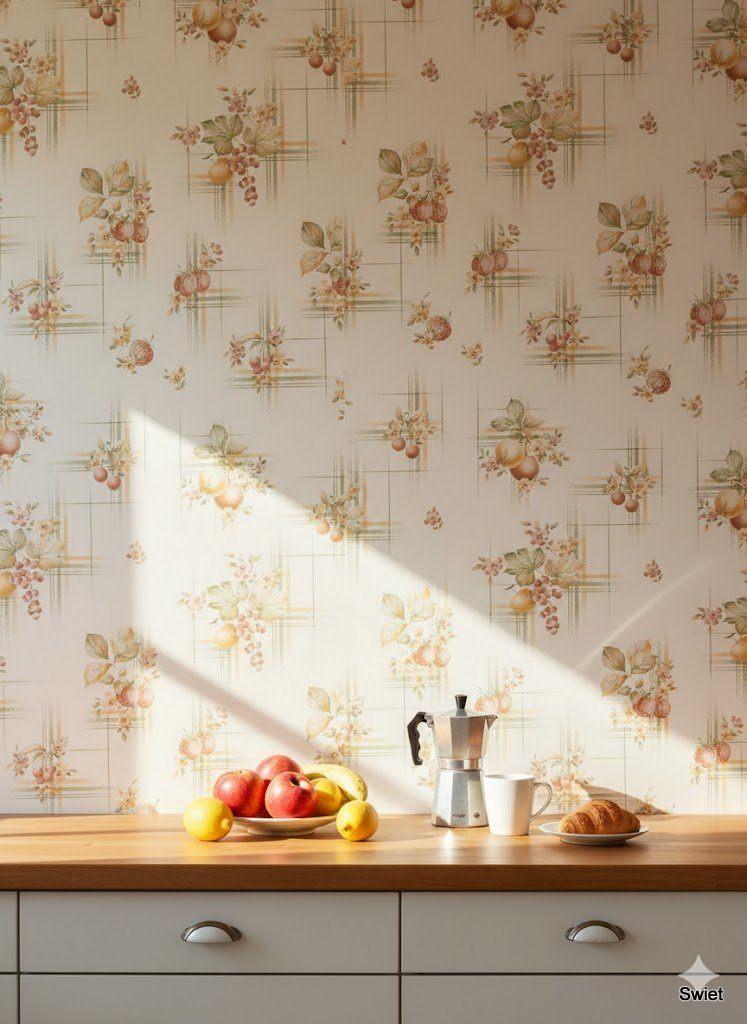 7225 Fruitig vintage keuken behang France swiet, Huis en Inrichting, Stoffering | Behang, Groen, 25 tot 50 m², Ophalen of Verzenden