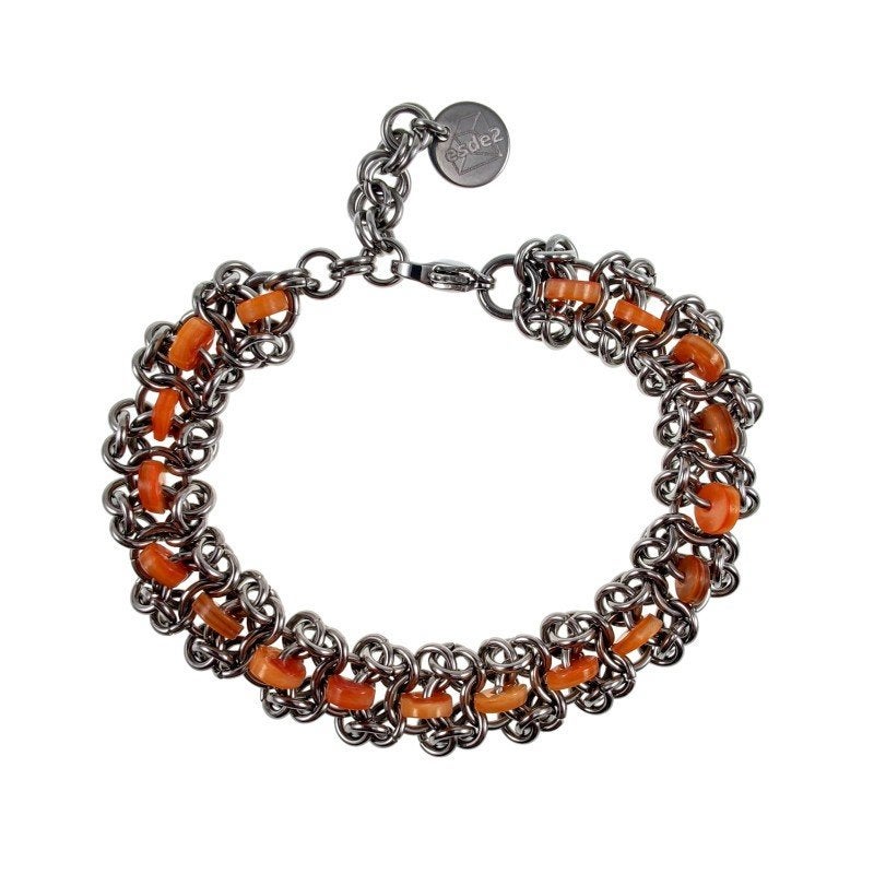 Europese Weeftechniek Armband + Oranje Zoetwaterschelpkralen, Sieraden, Tassen en Uiterlijk, Armbanden, Met kristal, Staal, Birgitta-Gracht 33, 6465 EL Kerkrade, Nederland