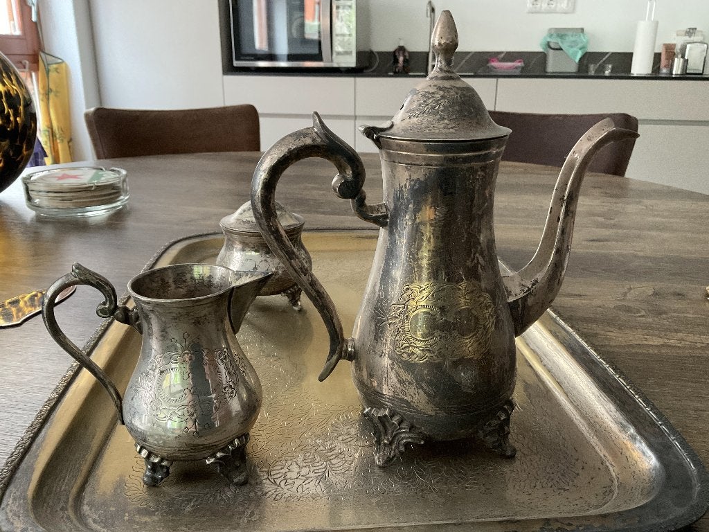 Verzilverd blad met koffie , thee en melk en suiker set, Antiek en Kunst, Ophalen of Verzenden