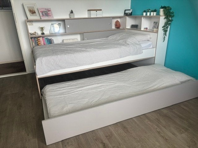 Bedframe met kast hout wit 90 x 200 cm LOSIANA, Ophalen, Verstelbaar, 90 cm, Eenpersoons
