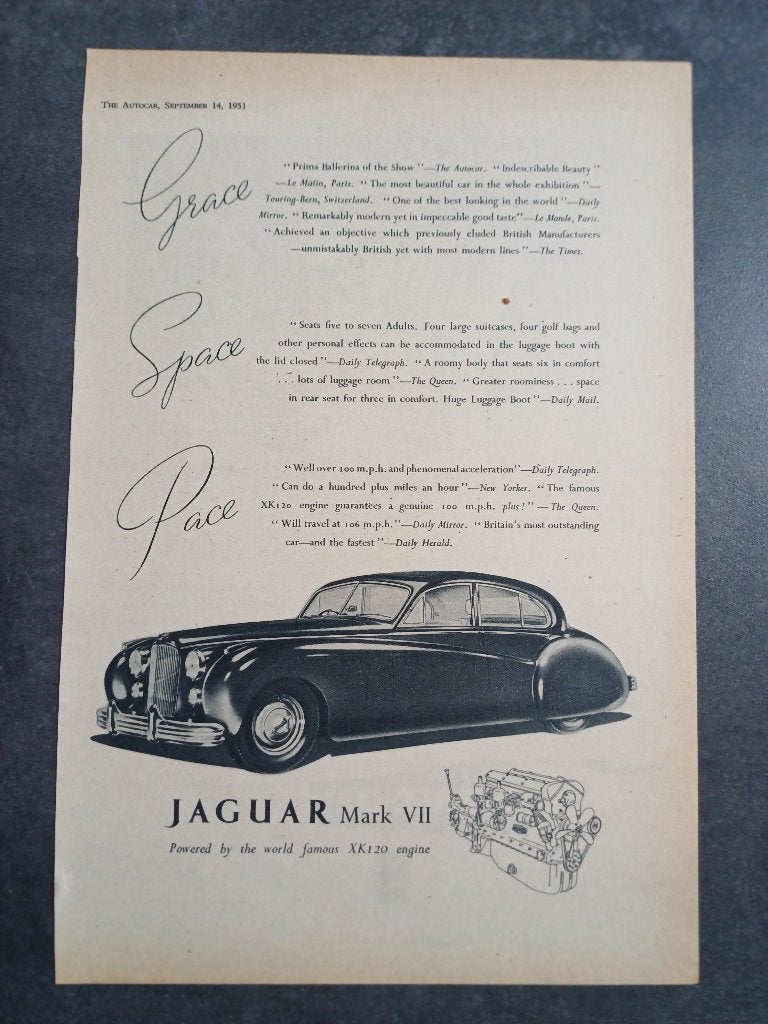 Originele Jaguar Mark VII advertentie uit 1951, Verzenden, Zo goed als nieuw, Overige merken