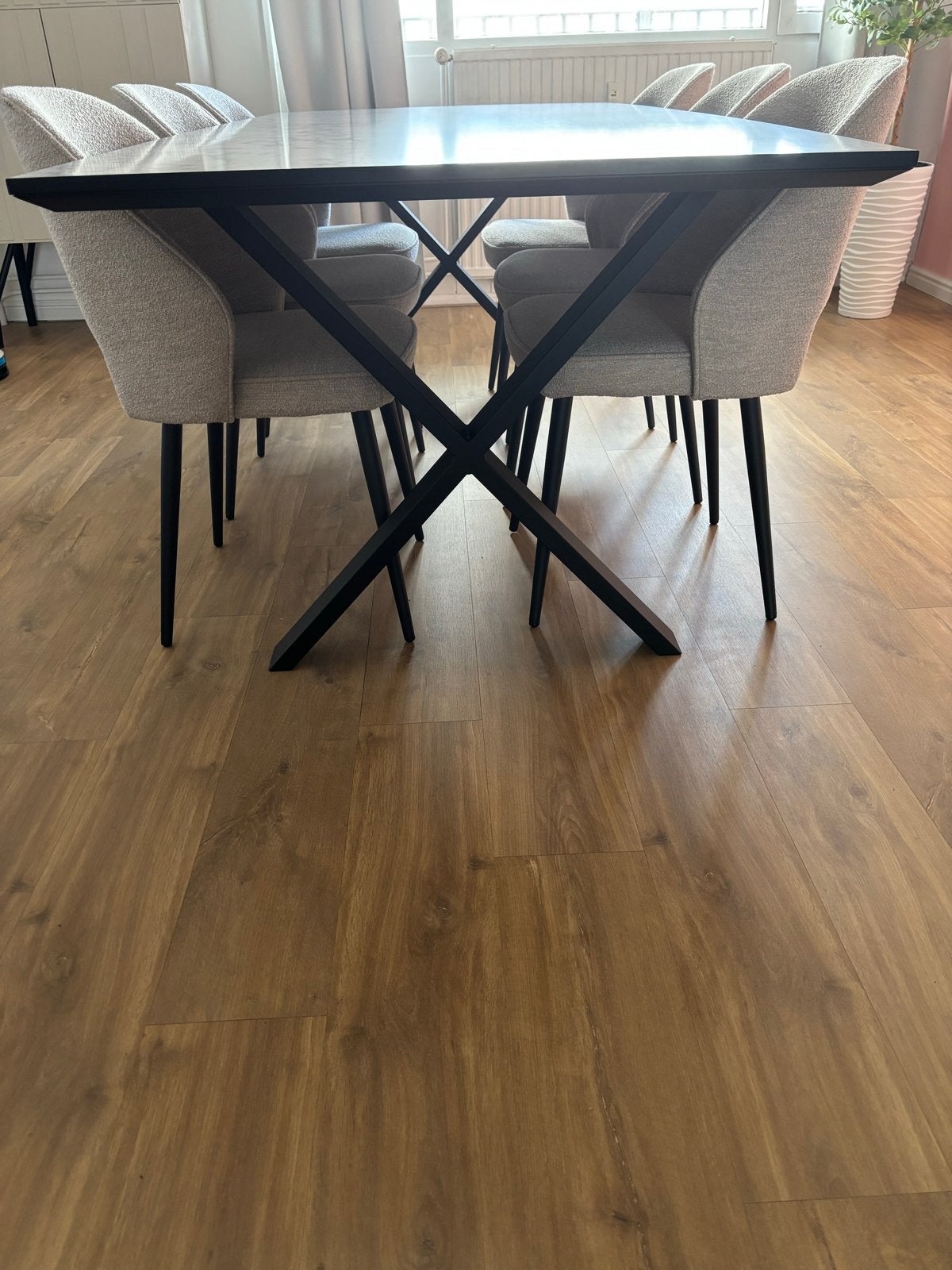 Eettafel 220x100 met marmerlook blad en zwarte kruisvoet, Ophalen, 100 tot 150 cm, 200 cm of meer, Zo goed als nieuw