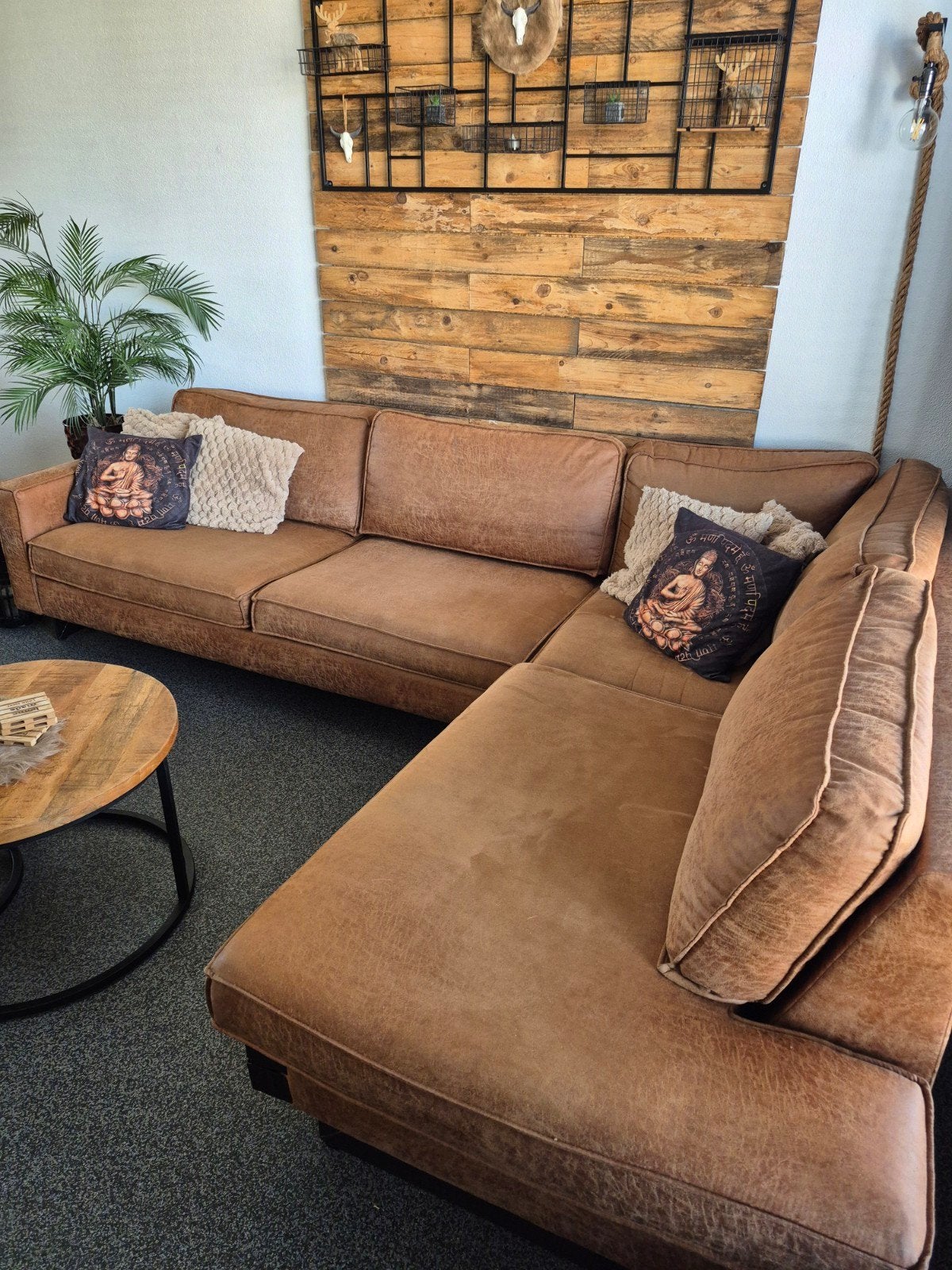 Leren Hoekbank Cognac - 290x215x84 cm, Ophalen, 250 tot 300 cm, Gebruikt, Hoekbank