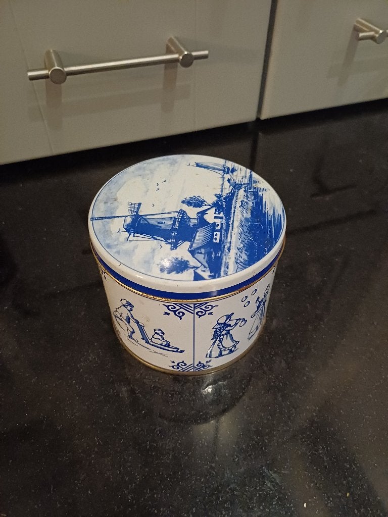 Vintage Blauw Souvenir blik Goudse stroopwafels, Ophalen of Verzenden, Gebruikt, Koek(jes), Overige merken