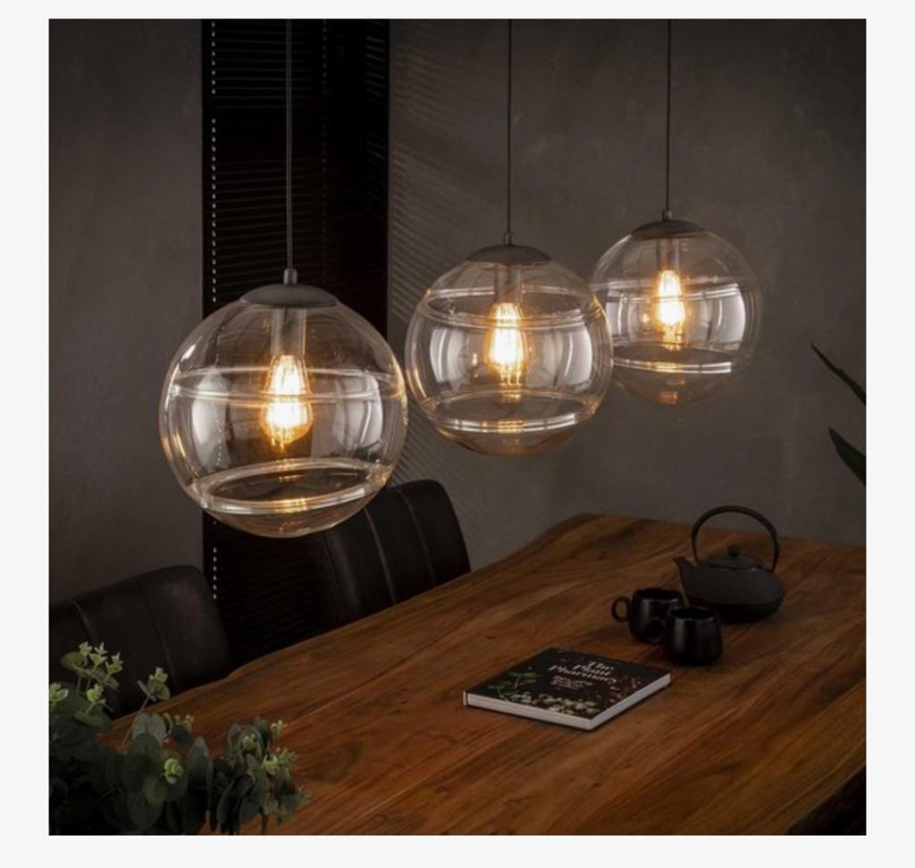 Set van 3 glazen bollen hanglampen - 30 cm diameter, Huis en Inrichting, Lampen | Hanglampen, Zo goed als nieuw, Minder dan 50 cm