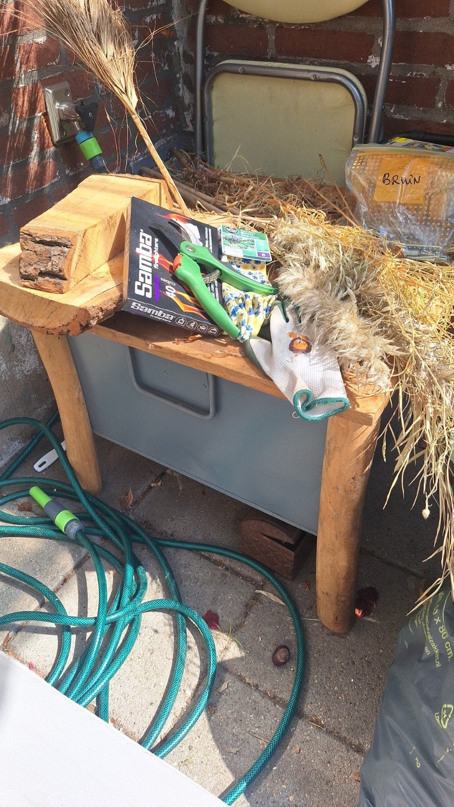 Opbergtafel,  tuin tafel , bamboe metaal, Ophalen, Zo goed als nieuw, Hout, Overige typen