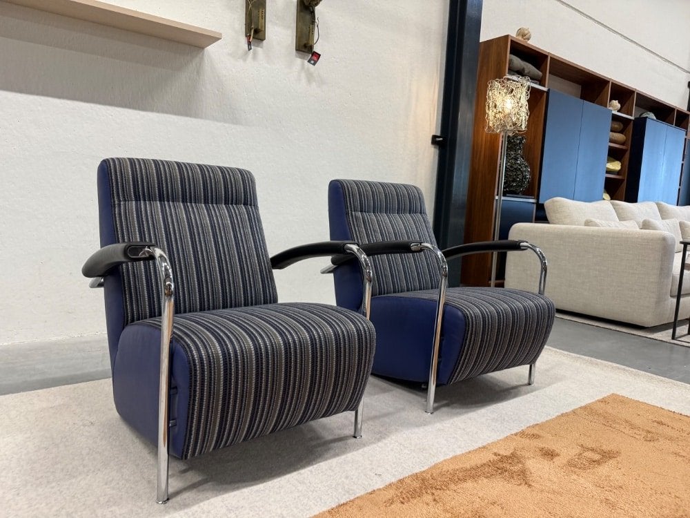 2 Leolux Scylla Fauteuil hoog Belluno stof Blauw Stoel, Leolux, Info@leolux.nl, 75 tot 100 cm, Ophalen of Verzenden