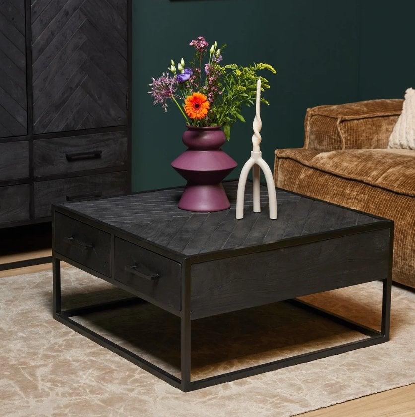 Salontafel Zwart Visgraat Mangohout 80x80x40cm