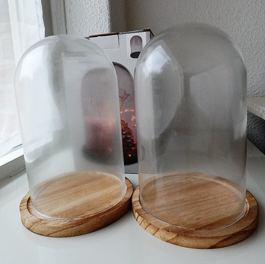 2x glazen stolp met houten basis 21 x 14 cm , 2 stolpen glas, 14 cm, Ophalen of Verzenden, Zo goed als nieuw, Met plateau