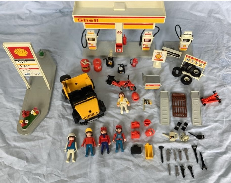 Playmobil 3437 Shell Tankstation, jeep en motor (compleet), Kinderen en Baby's, Speelgoed | Playmobil, Ophalen of Verzenden, Gebruikt