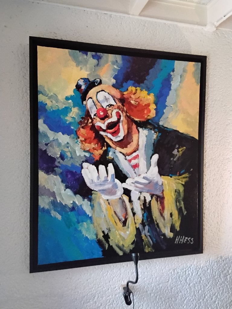 Henri Hess,GROOT schilderij,vrolijke clown op linnen., Ophalen, Ingelijst, Overige materialen, Figuren