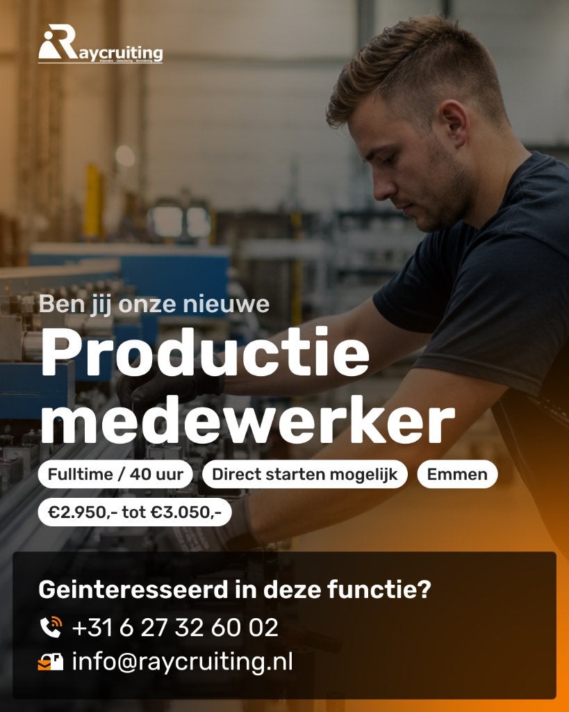 Productiemedewerker | €2.950 - €3.050 bruto p/m | Fulltime, 33 - 40 uur, Overige niveaus, Starter, Vast contract