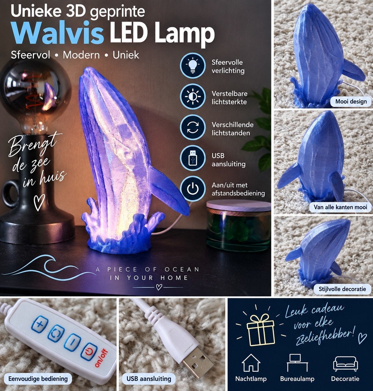 Unieke 3D-geprinte walvis LED-lamp – blauw paars, Ophalen of Verzenden, Nieuw