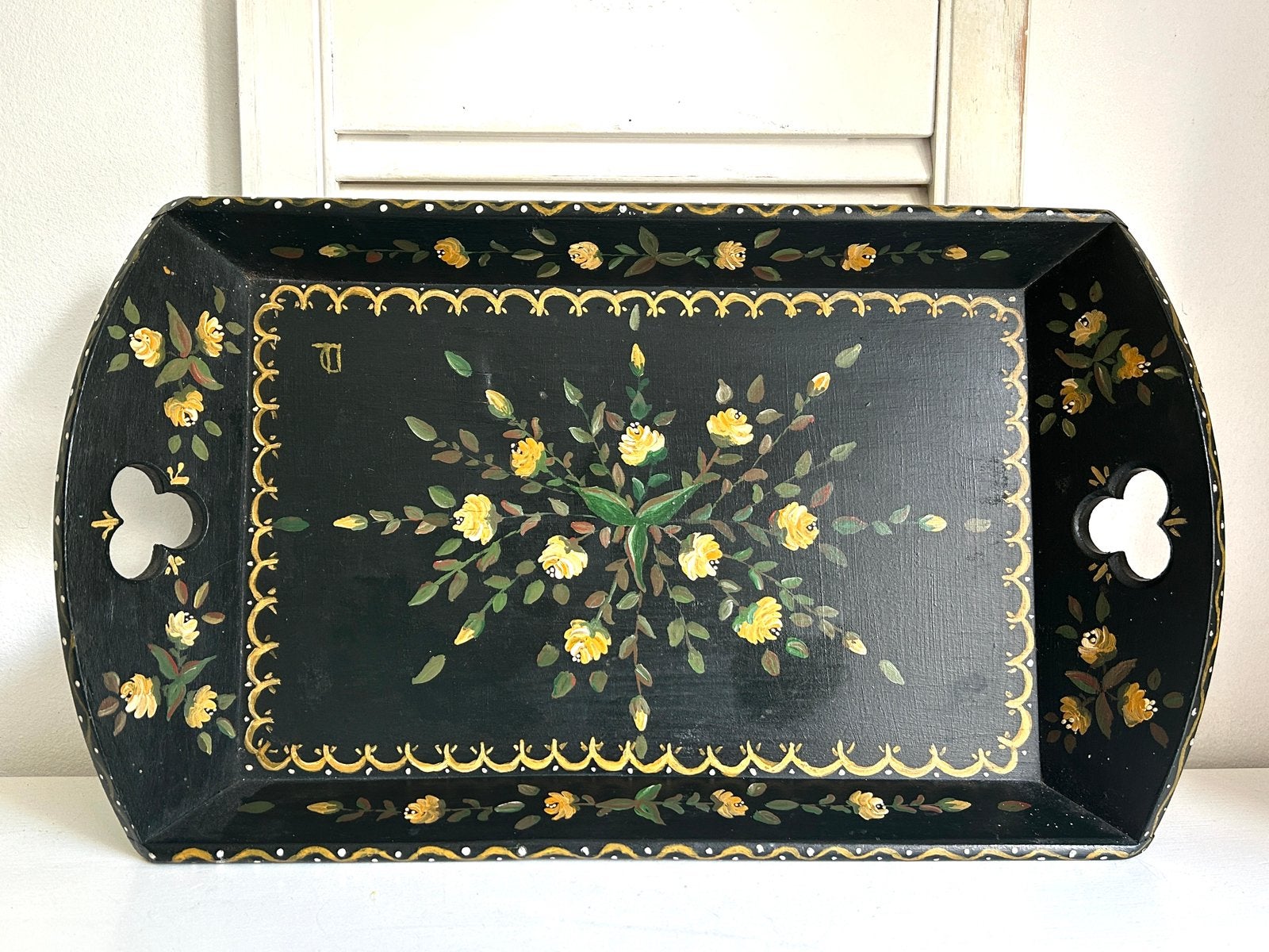 Vintage handgeschilderd dienblad bloemen 48 cm, Ophalen, Rechthoekig, Hout