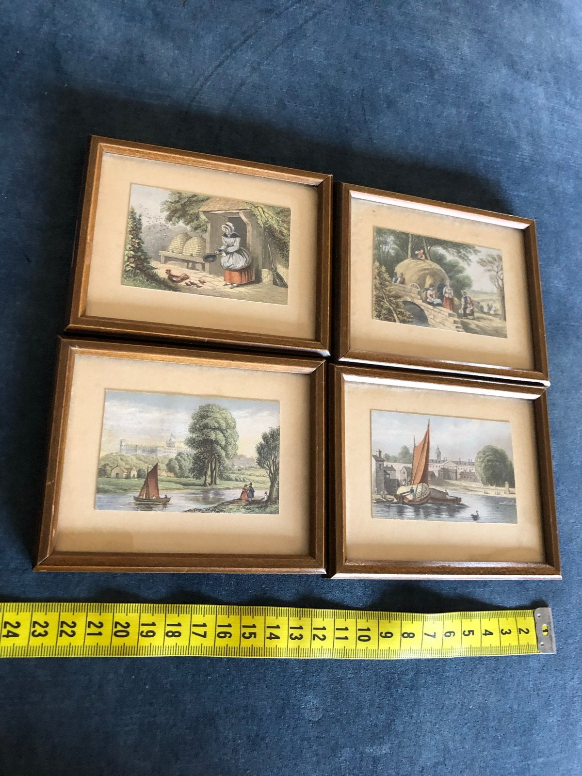 Set van 4 antieke miniatuur litho's, ingelijst, Ophalen of Verzenden