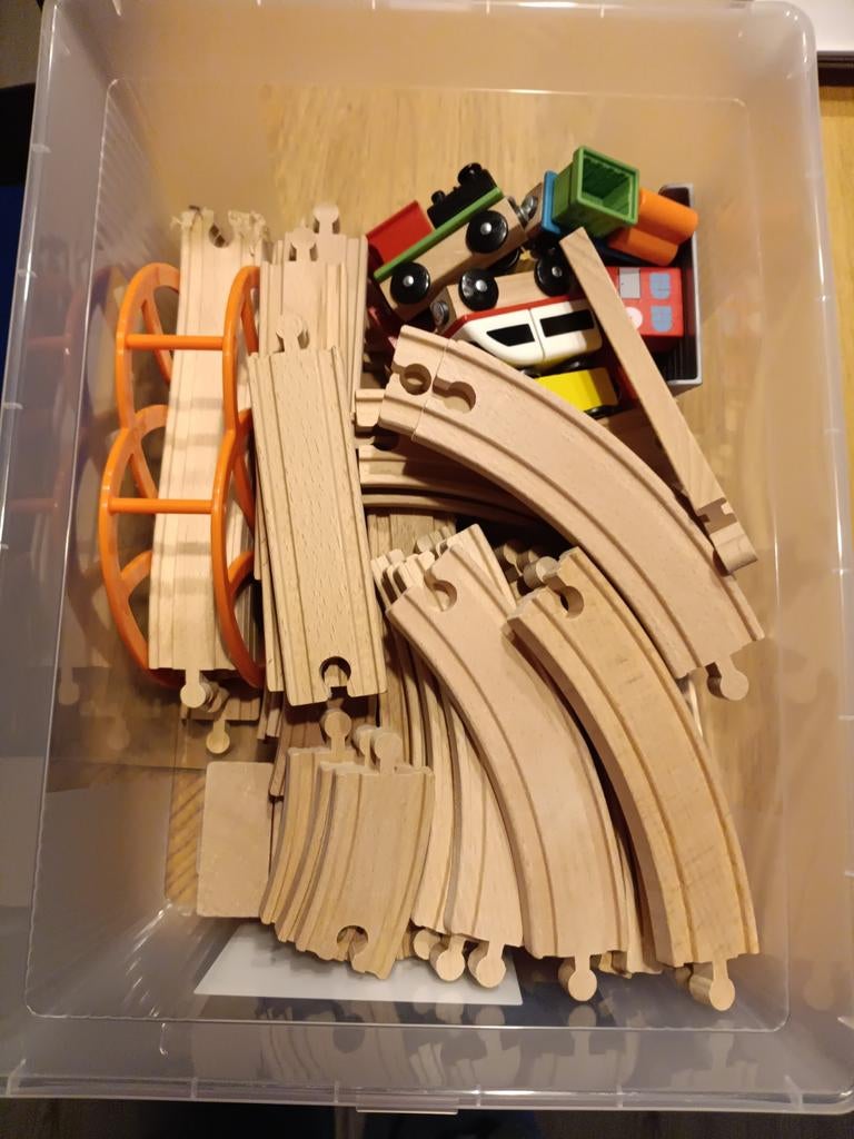 Houten Treinbaan Set met Locomotieven en Wagons, Hobby en Vrije tijd, Ophalen, Gebruikt, Locomotief, Overige merken