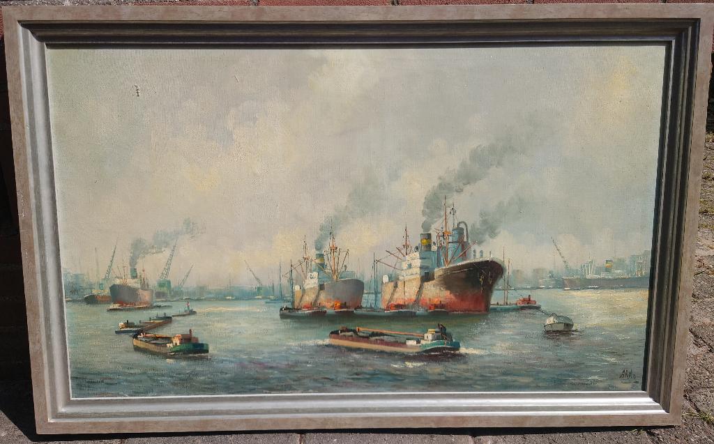 Groot olieverf op doek Rotterdamse haven met schepen, Arno, Ophalen of Verzenden