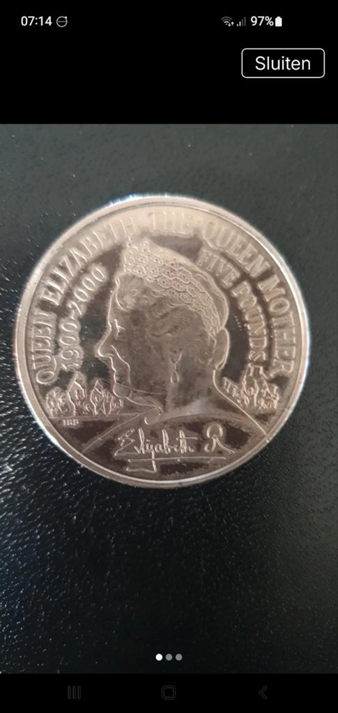 Koningin Elizabeth II 5 Pond Munt 1900-2000, Ophalen of Verzenden, Overige landen, Losse munt, Zilver