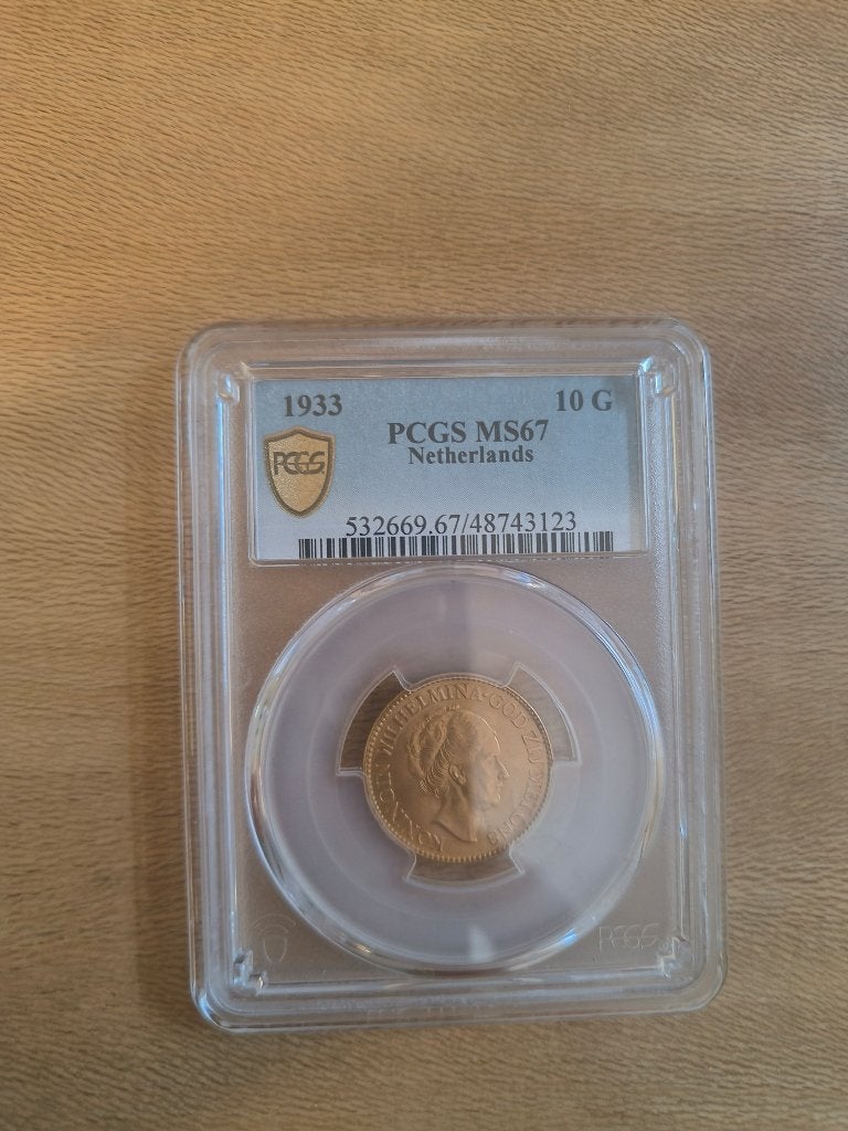 Gouden Tientje 1933 MS67 PCGS, Koningin Wilhelmina, Losse munt, 10 gulden, Goud