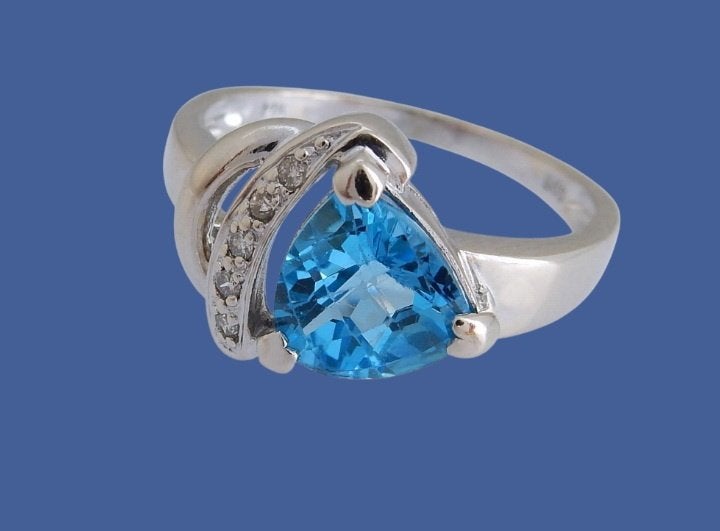 Brede 14 karaat Wit Gouden Ring Blauwe Topaas en 5 Diamanten, Verzenden, Wit, Nieuw, Met edelsteen
