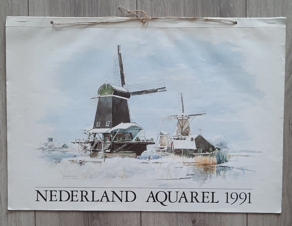 Vintage kalender Nederland aquarel 1991 van Bob Postman, Ophalen of Verzenden, Maandkalender, Gebruikt