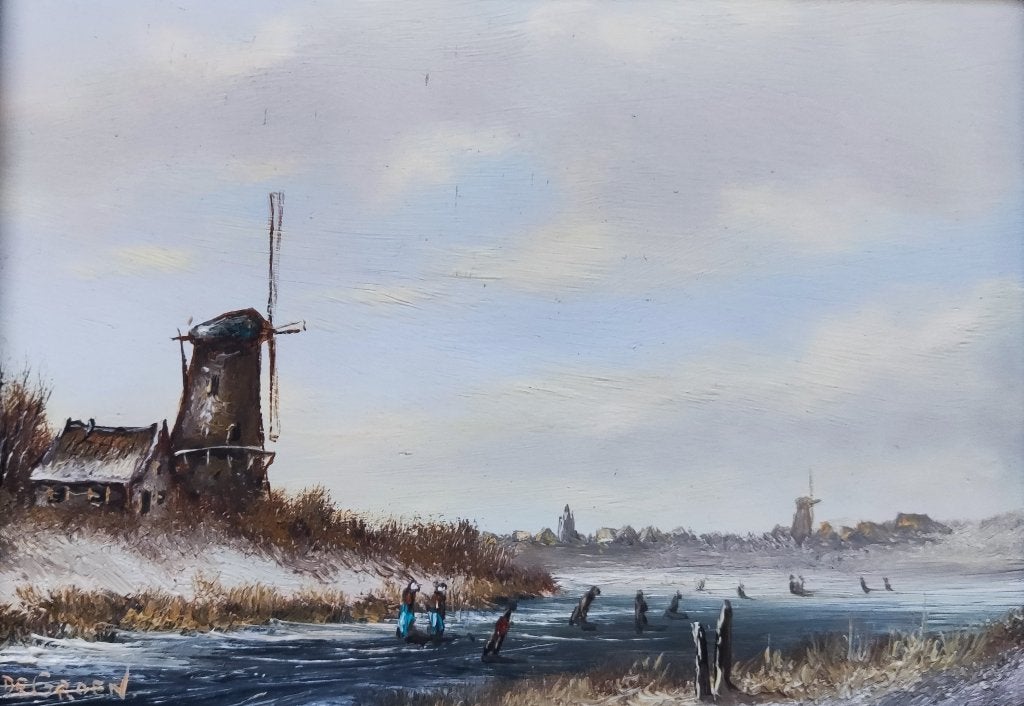 Johannes Eerdmans (1950-2023) - Winterlandschap met molen, Antiek en Kunst, Paneel, Ophalen of Verzenden, Gesigneerd, Landschap