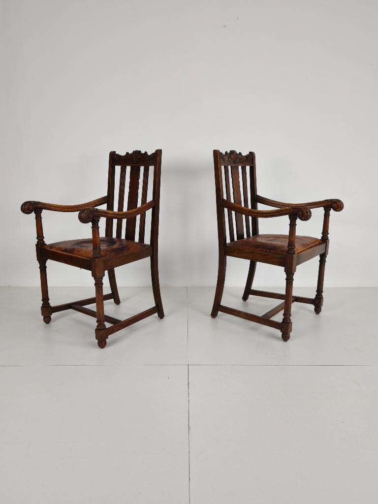 Set van 2 Eikenhouten Armstoelen – F. Parker & Son,, Ophalen of Verzenden