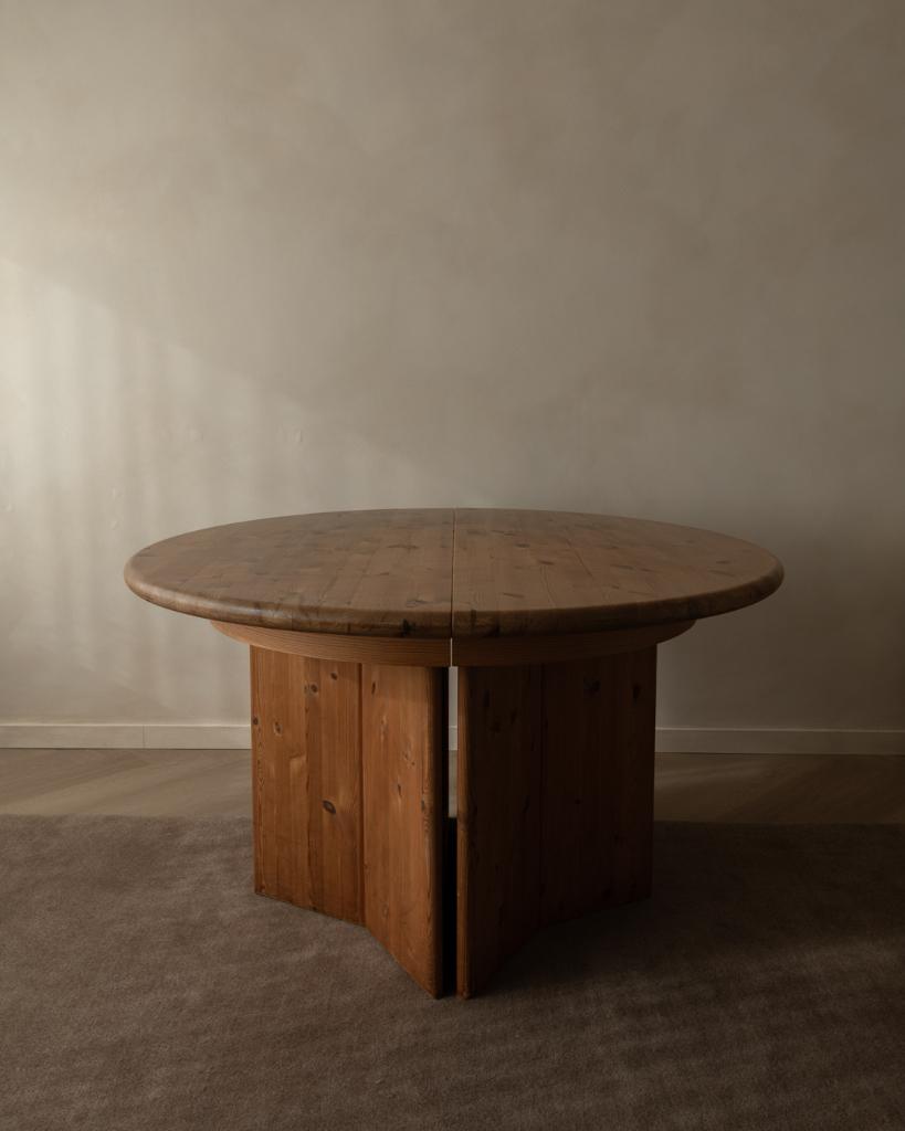 Vintage Deense grenen ronde uitschuifbare eettafel jaren 80, Ophalen, Gebruikt, Mid century, Rond