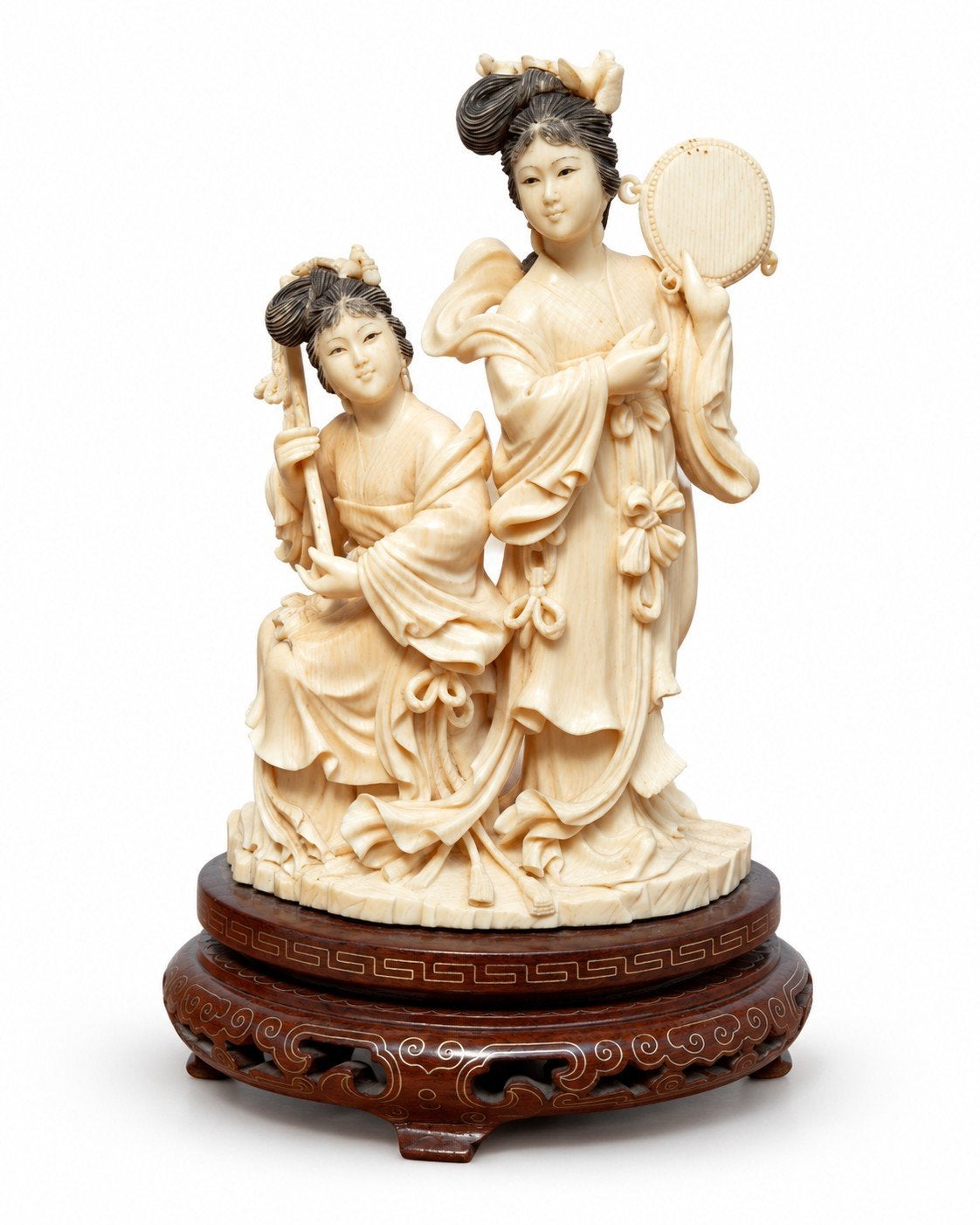 Aziatisch ivoren sculptuur van twee vrouwen, Groep mensen, Ophalen of Verzenden, 20 - 50 cm, Overige materialen