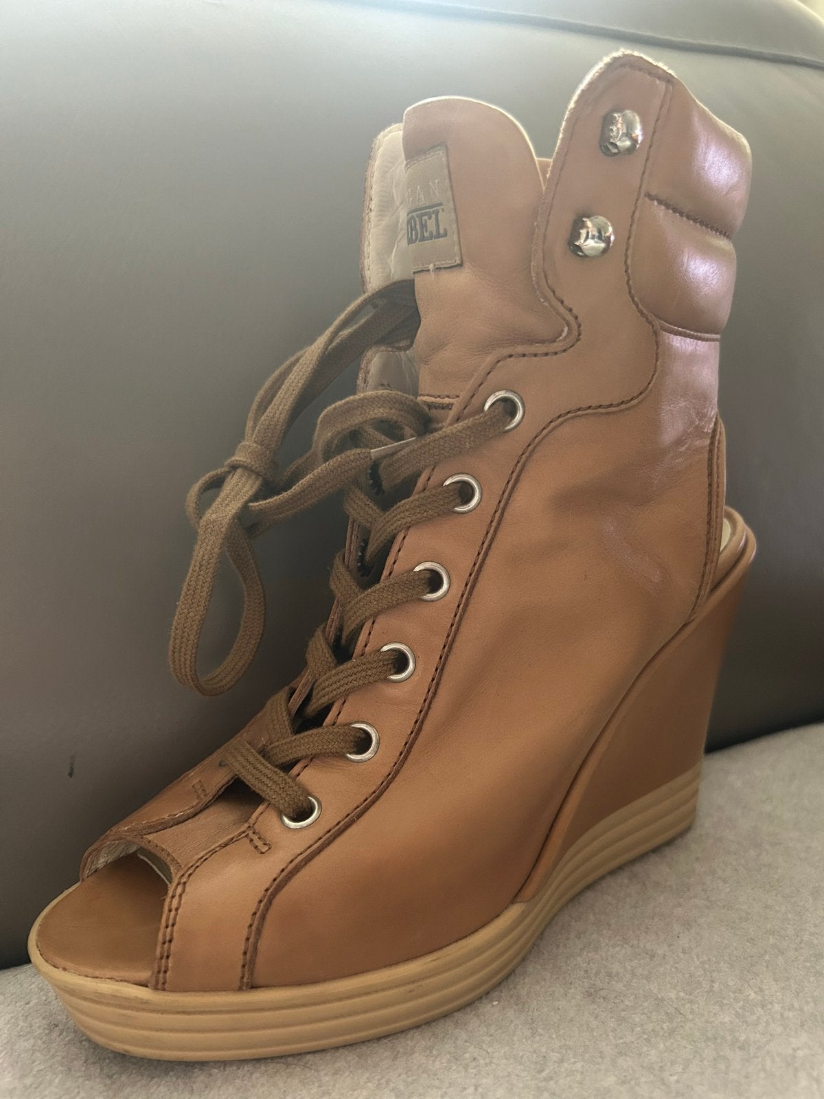 Hogan Rebel open-toe wiglaarzen (36), Ophalen of Verzenden, Gedragen, Bruin, Schoenen met hoge hakken