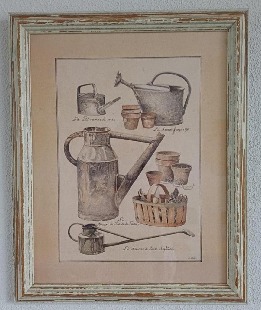 Fraaie oude prent: watergieters, bloempotten, snoeischaren, Antiek en Kunst, Kunst | Tekeningen en Foto's, Ophalen of Verzenden