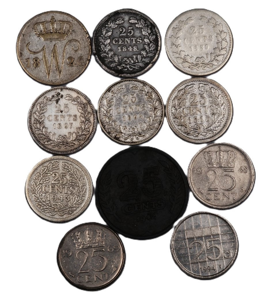 lotje met 11 kwartjes van Willem I tm Beatrix, Koning Willem III, Setje, Zilver, 25 cent