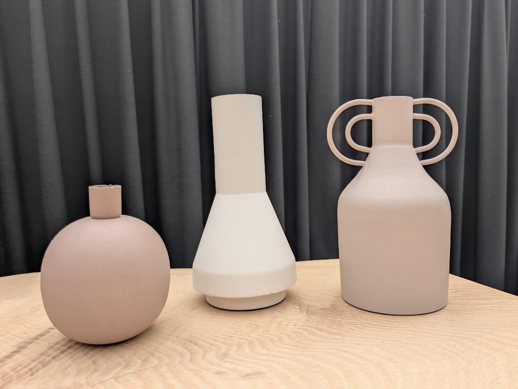 Set van 3 moderne vazen/kandelaars - Beige/Wit, Overige materialen, Overige kleuren, Ophalen of Verzenden, Zo goed als nieuw