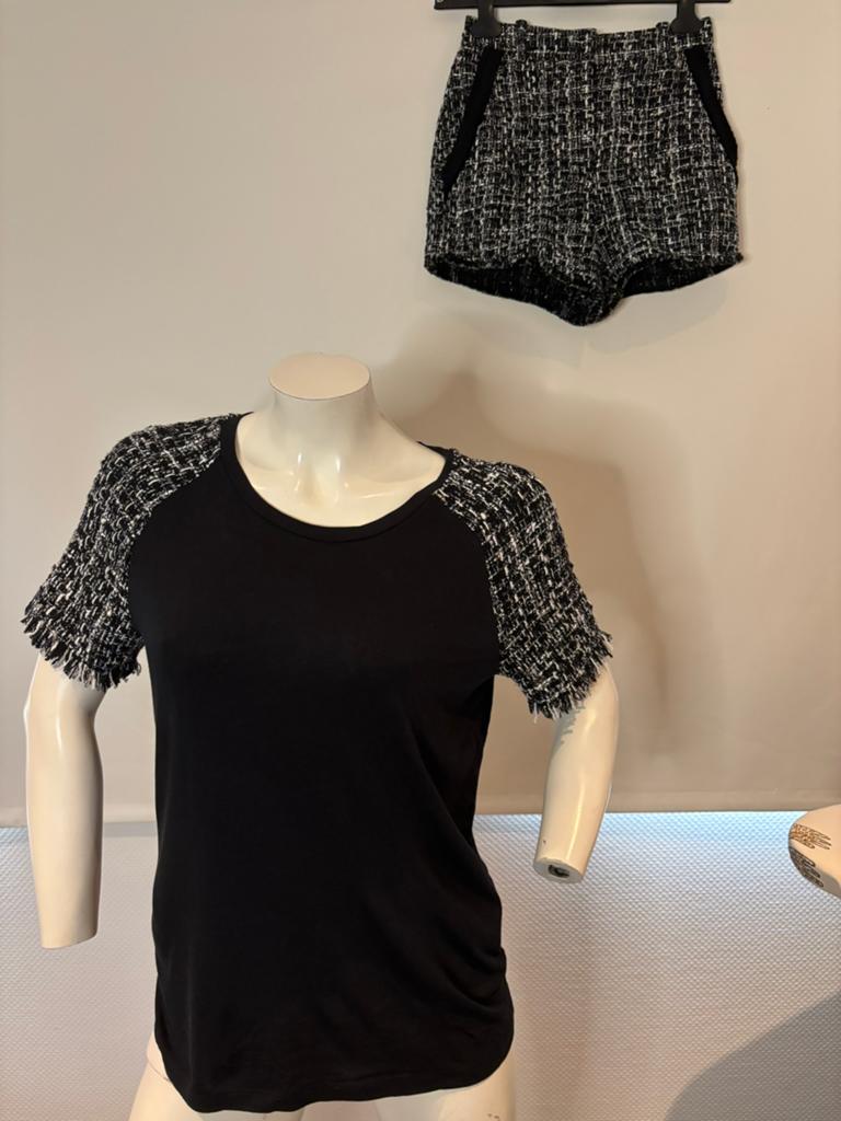Maje tweed broekje 36 met bijpassende shirt 38, Zwart, Ophalen of Verzenden, Zo goed als nieuw, Korte mouw