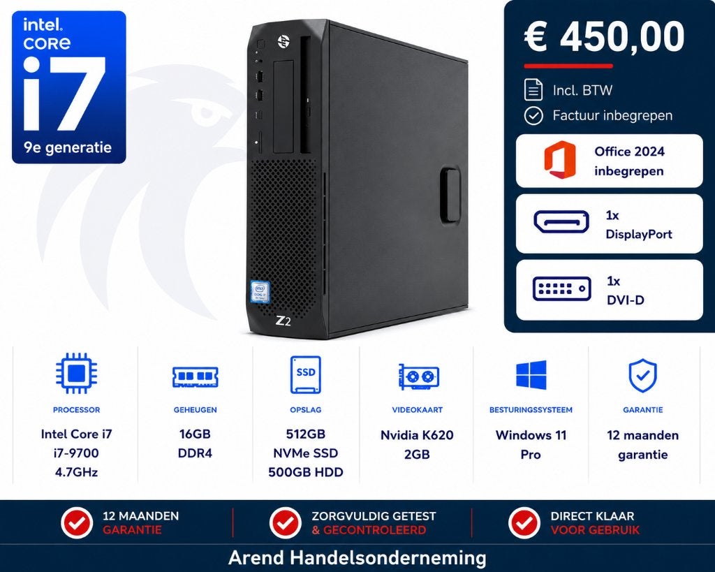 HP Z2 SFF G4 i7-9700 16GB 512GB NVMe 500GB HDD Office 24, Hp, Gebruikt, HP, I7-9700