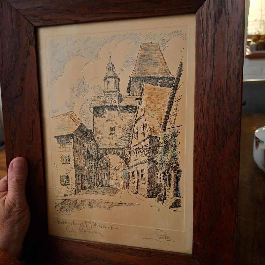 Ets van Rothenburg ob der Tauber van G.E .Perschke 37x29 cm, Antiek en Kunst, Ophalen