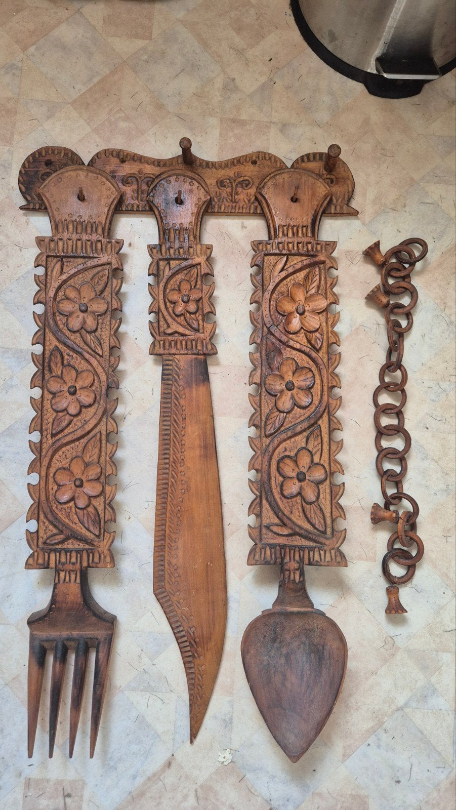 Groot decoratieve houten bestekset met wandhouder, Ophalen of Verzenden