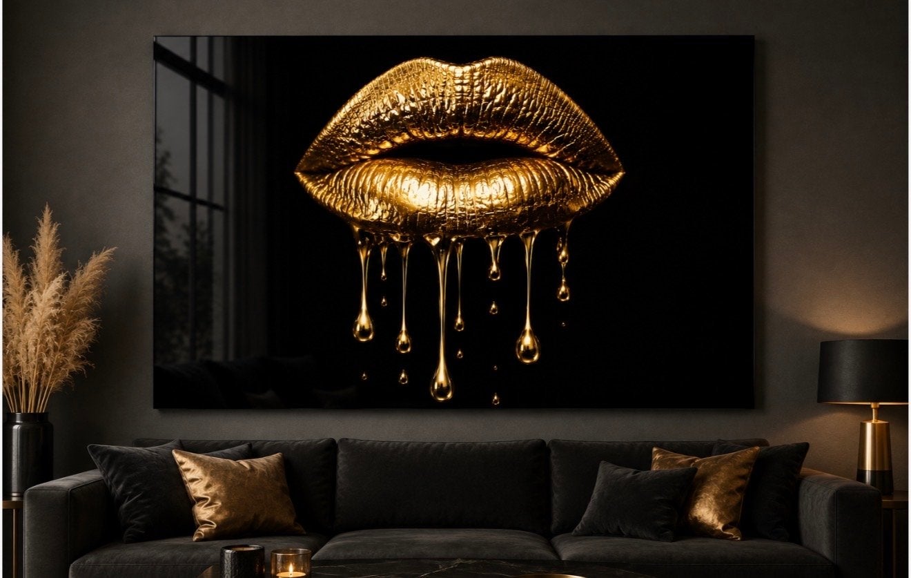 Plexiglas schilderij Gouden Lippen 120x80cm, Ophalen of Verzenden, Kunststof, Ophangklaar, Figuren