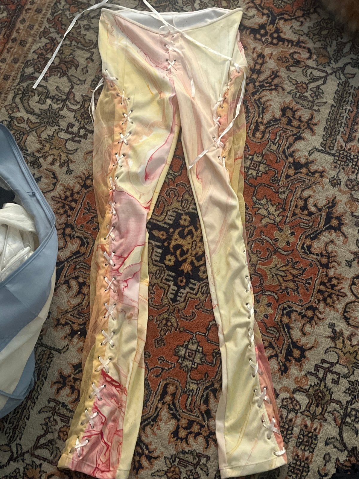 Unieke Geveterde Broek met Marmerprint - Maat S, Kleding | Dames, Broeken en Pantalons, Zo goed als nieuw, Maat 36 (S), Lang, Meerkleurig